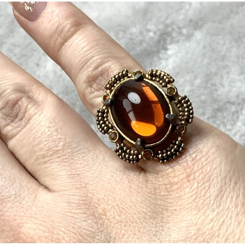 Vintage Gold Tone Amber Cabochon Statement Ring Size 5.5 Adjustable 60s Boho